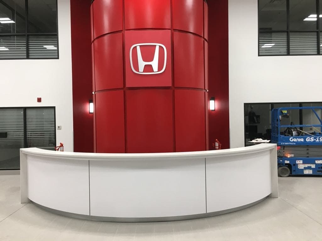 Empira Black Quartz countertop, Showroom service desks, at Crown Honda, Winnipeg