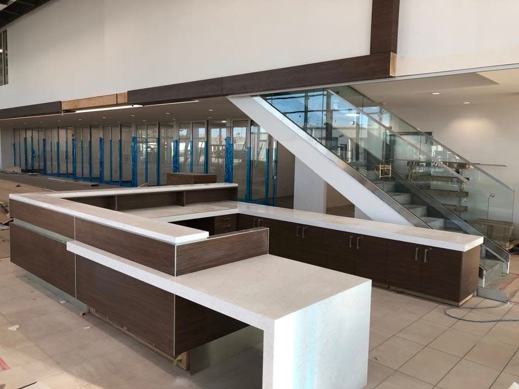 Black Pearl Granite countertop, Customer lounge + reception, at Toyota on Regent, Winnipeg