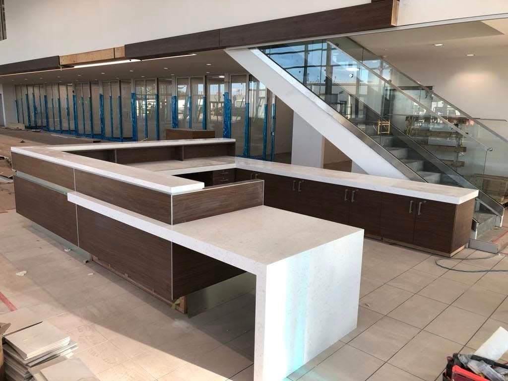 Black Pearl Granite countertop, Customer lounge + reception, at Toyota on Regent, Winnipeg