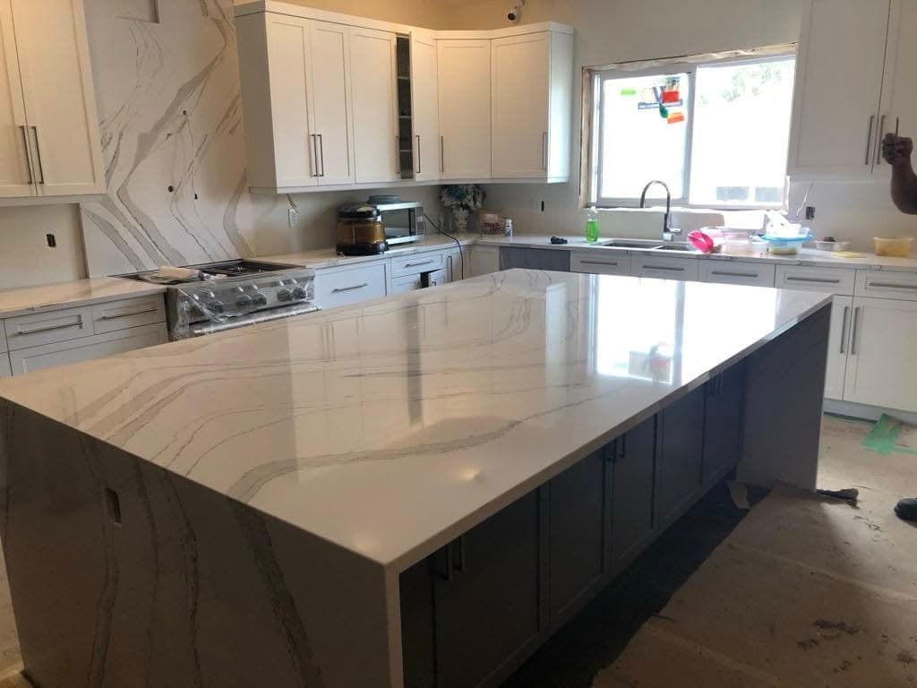 Cambria Brittanicca Quartz countertop, Show kitchen island, in Whyte Ridge, Winnipeg