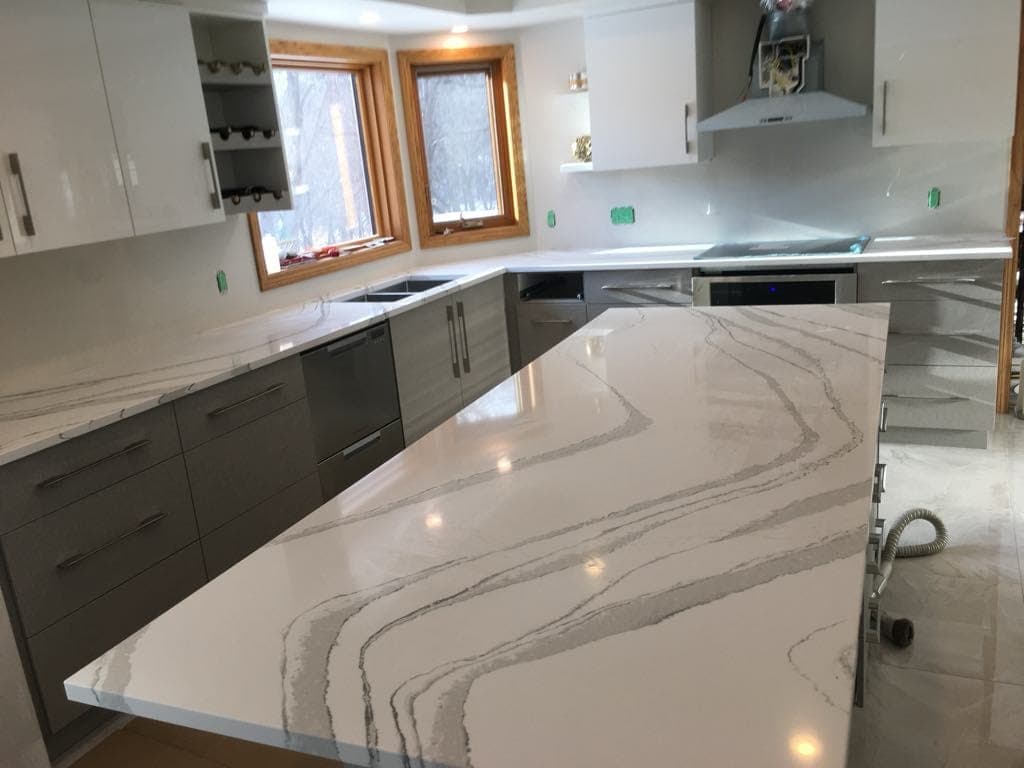 Cambria Brittanicca Quartz countertop, Show kitchen island, in Whyte Ridge, Winnipeg