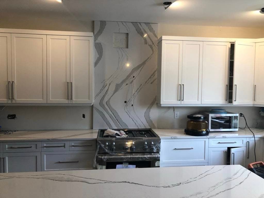 Cambria Brittanicca Quartz countertop, Show kitchen island, in Whyte Ridge, Winnipeg