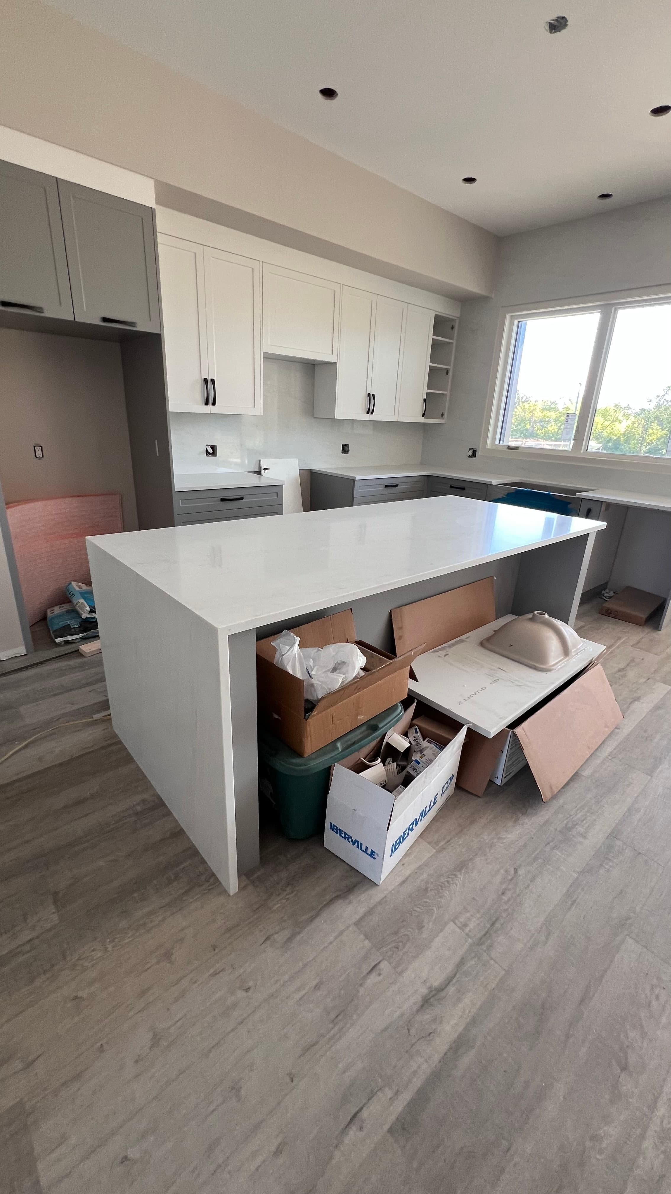 Taj Mahal Quartzite countertop, Open-concept reno, in Sage Creek, Winnipeg