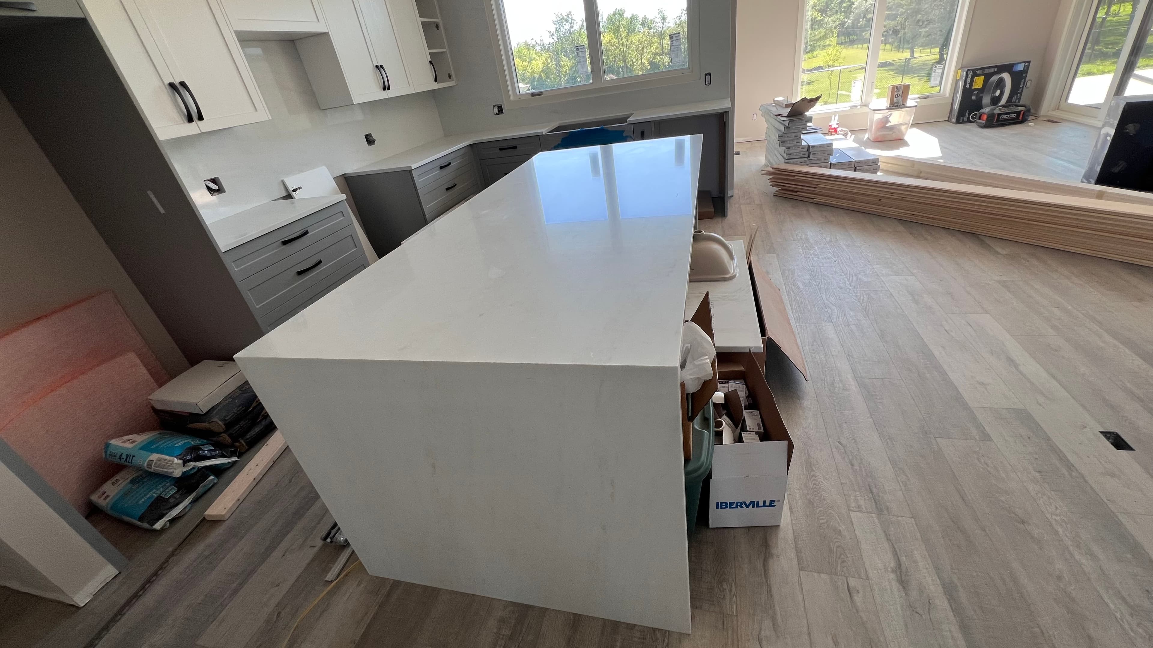 Taj Mahal Quartzite countertop, Open-concept reno, in Sage Creek, Winnipeg