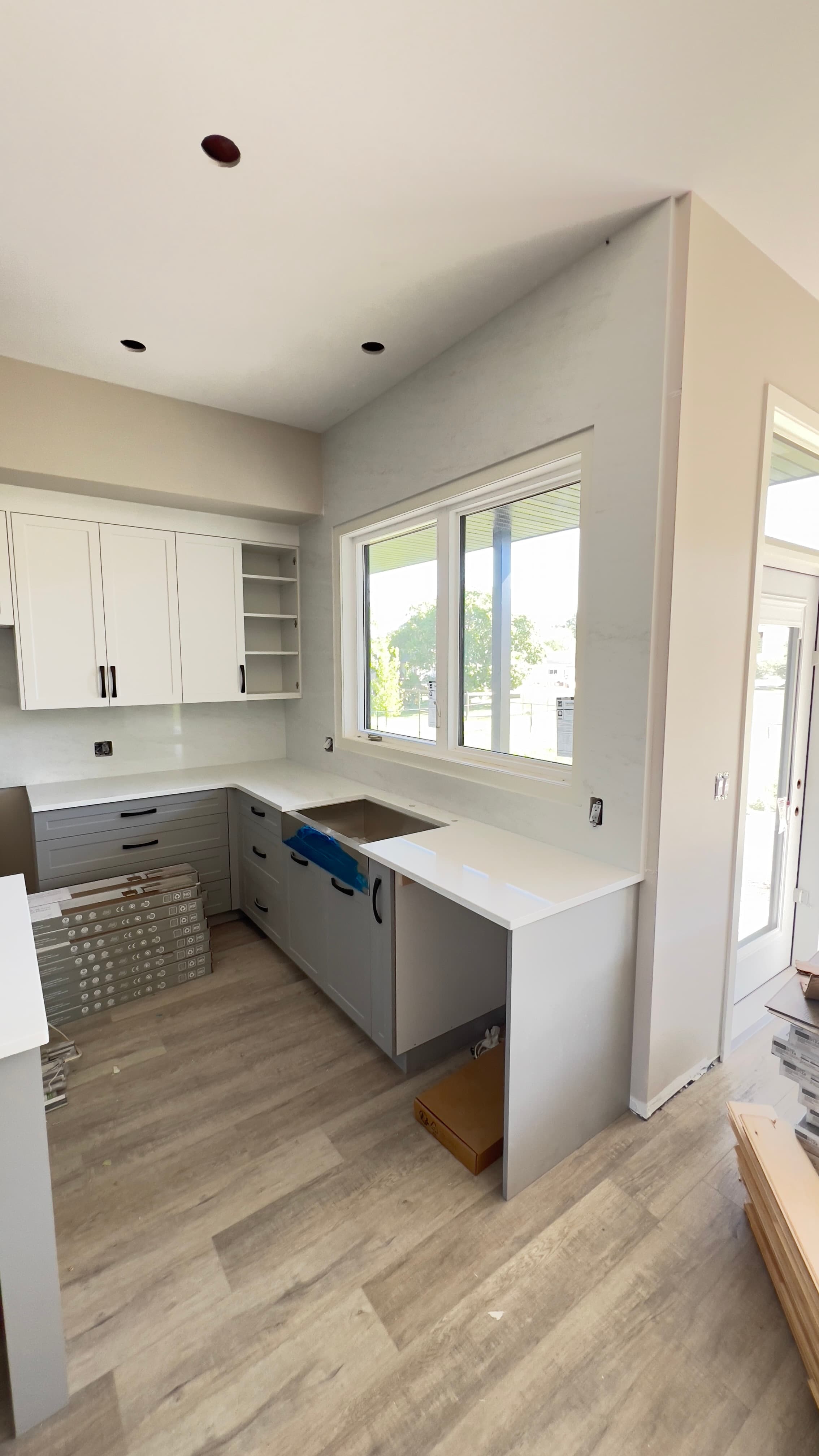 Taj Mahal Quartzite countertop, Open-concept reno, in Sage Creek, Winnipeg